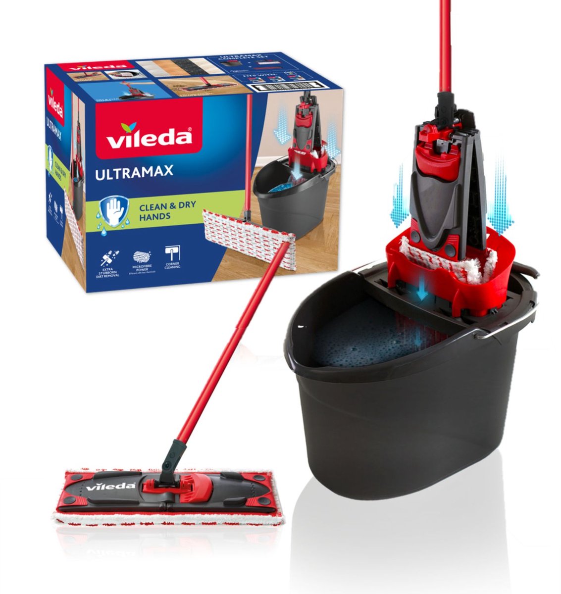 Vileda ultramax komplet sæt - flad mikrofibermoppe + spand med presse
