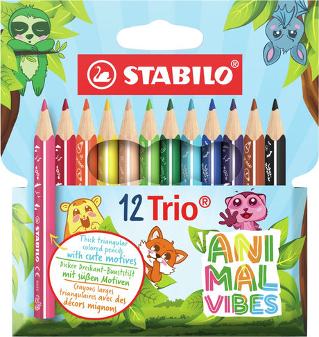 Stabilo trio tyk - trekantede farveblyanter med ekstra tyk kerne - dyrevibes - etui med 12 farver