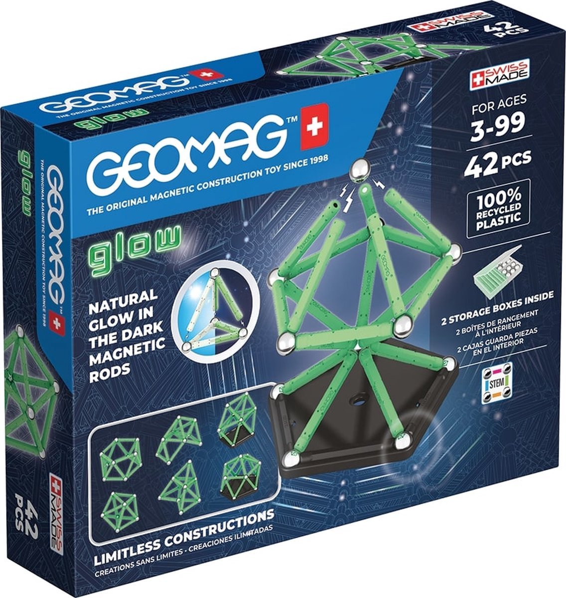 Geomag classic glow recycled - glødende magnetisk byggesæt - 42 dele - fra 3 år