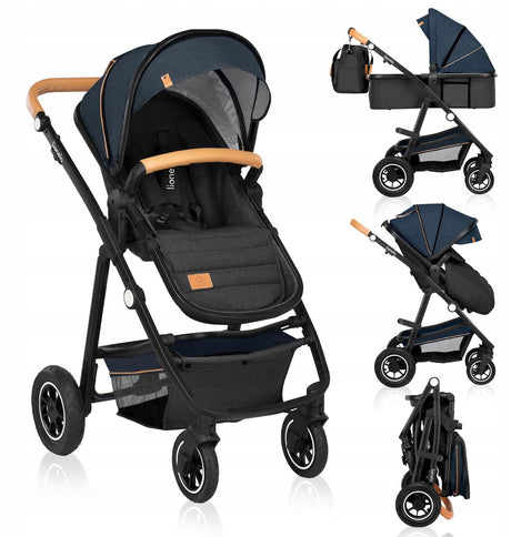 Lionelo rav 2-i-1 — klapvogn 2 i 1 — rejseseng + buggy — fra fødslen til 22 kg (0-4 år) — pneumatiske dæk — fuld affjedring — komfortabel madras — hurtigt foldbar — pusletaske — myggenet — regnslag — pusleunderlag — klapvogn — småbørn
