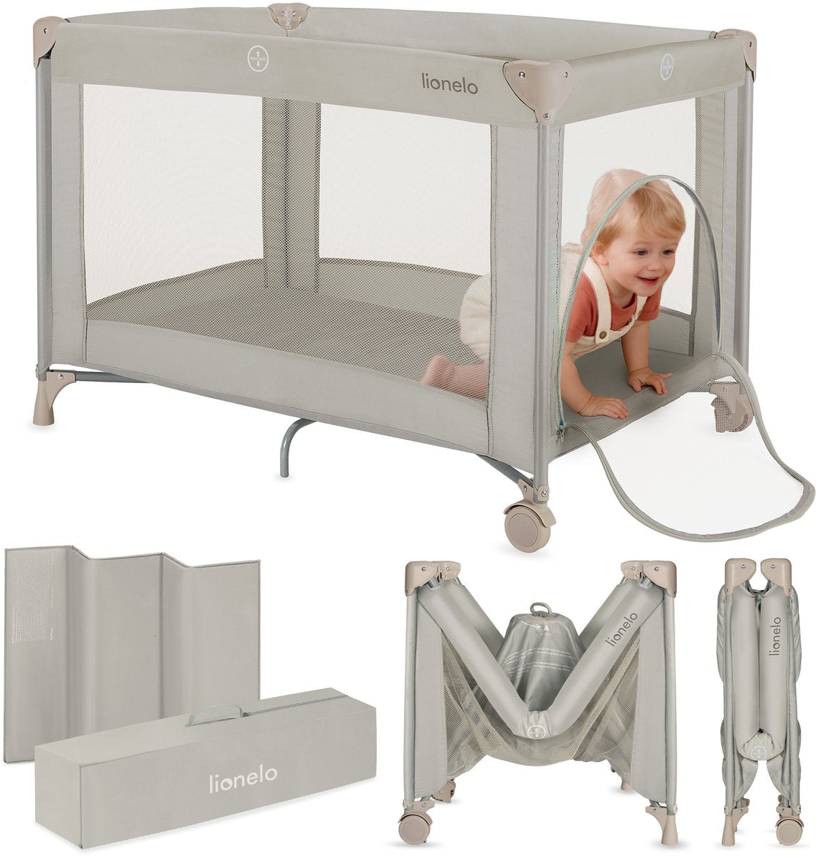 Lionelo amelie campingseng 3i1: babyseng + rejseseng + kravlegård – med komfortabel madras – kompakt og let – sideindgang – rejsetaske – 70x100 cm