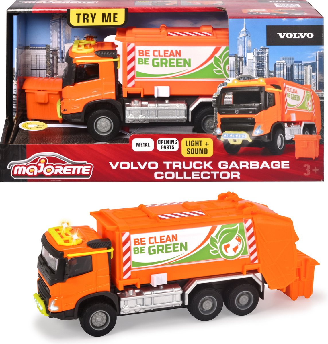 Majorette grand serie - volvo lastbil skraldebil - metal - lys og lyd - 18 cm - legetøjskøretøj