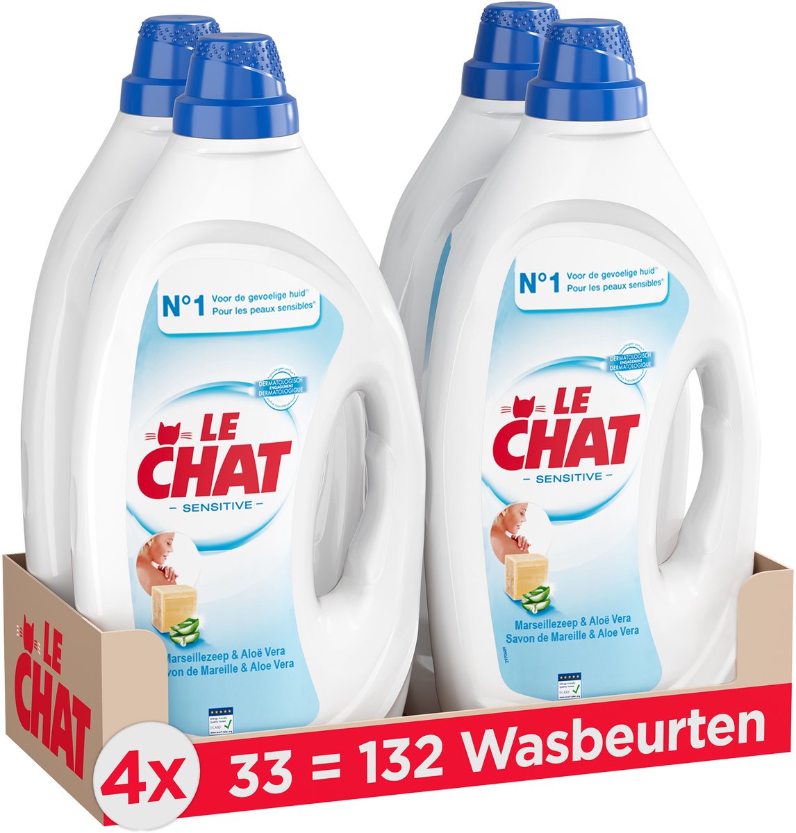 Le chat gel sensitiv - flydende vaskemiddel - velegnet til alt vasketøj - frisk duft - Marseille sæbe - værdipakke - 4 x 33 vaske