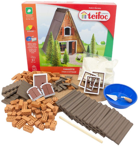 Teifoc ® byggesæt – finsk hytte skovhus – 160 dele – ægte mini mursten med cement, skål og spartel – byggesæt til børn fra 6 år