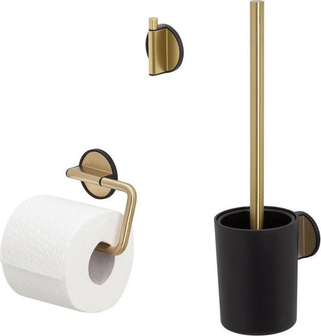 Tiger tune - toilettilbehørssæt - toiletbørste med holder - toiletrulleholder uden klap - håndklædekrog - guldbørstet sort