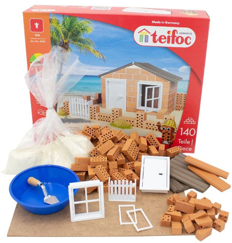 Teifoc ® byggesæt – strandhus – 140 dele – ægte mini mursten med cement, skål og spartel – byggesæt til børn fra 6 år