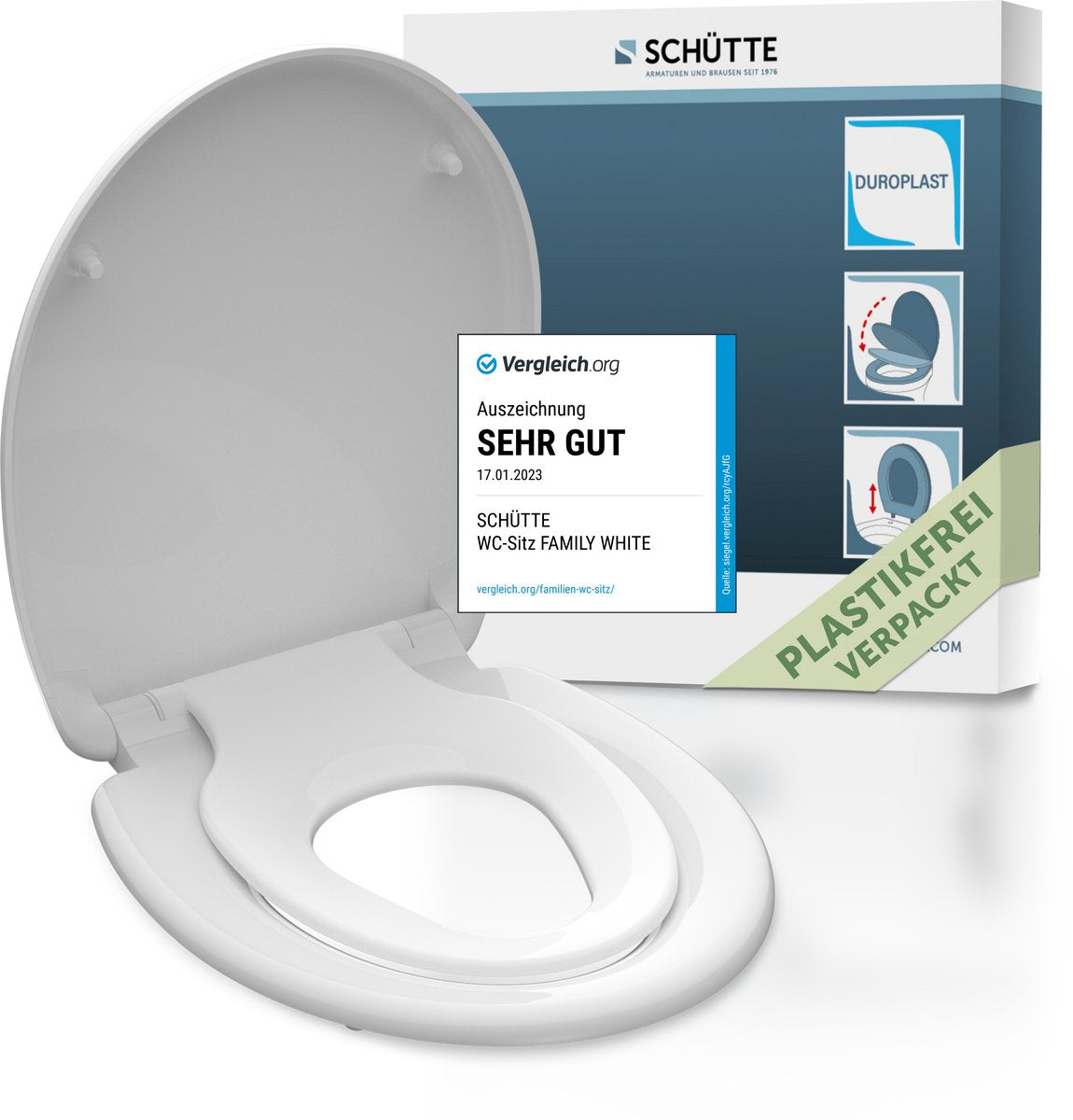 Schütte toiletsæde 82940 familie hvid - duroplast - soft close - klikbar - integreret barnestol - lakeret - hvid