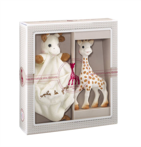 Sophie the giraffe sofistikeret gavesæt - babylegetøj - putteklud med sutteholder - barselsgave - baby shower gave - 4 stk.