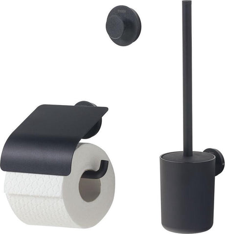 Tiger urban toilettilbehørssæt - toiletbørste med holder - toiletrulleholder med klap - håndklædekrog - sort
