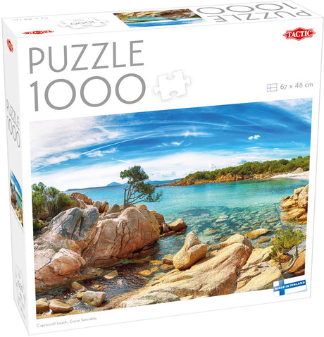 Tactic Capriccioli Beach, Costa Smeralda – puslespil – 1000 brikker – krystalklart Middelhav – solbeskinnet italiensk kystlandskab – høj skandinavisk kvalitet