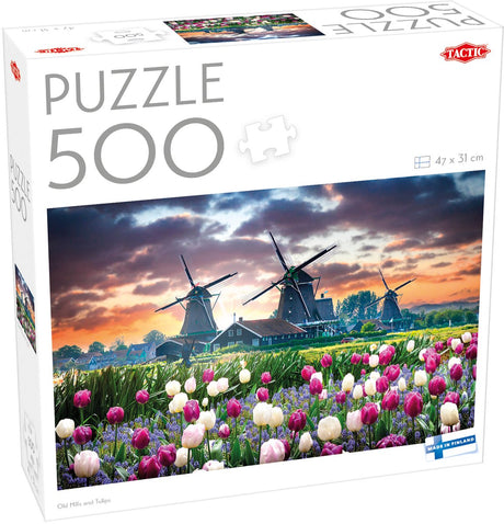Taktik gamle møller og tulipaner – puslespil – 500 brikker – hollandske vindmøller og tulipanmarker – typisk hollandsk landskab – høj skandinavisk kvalitet