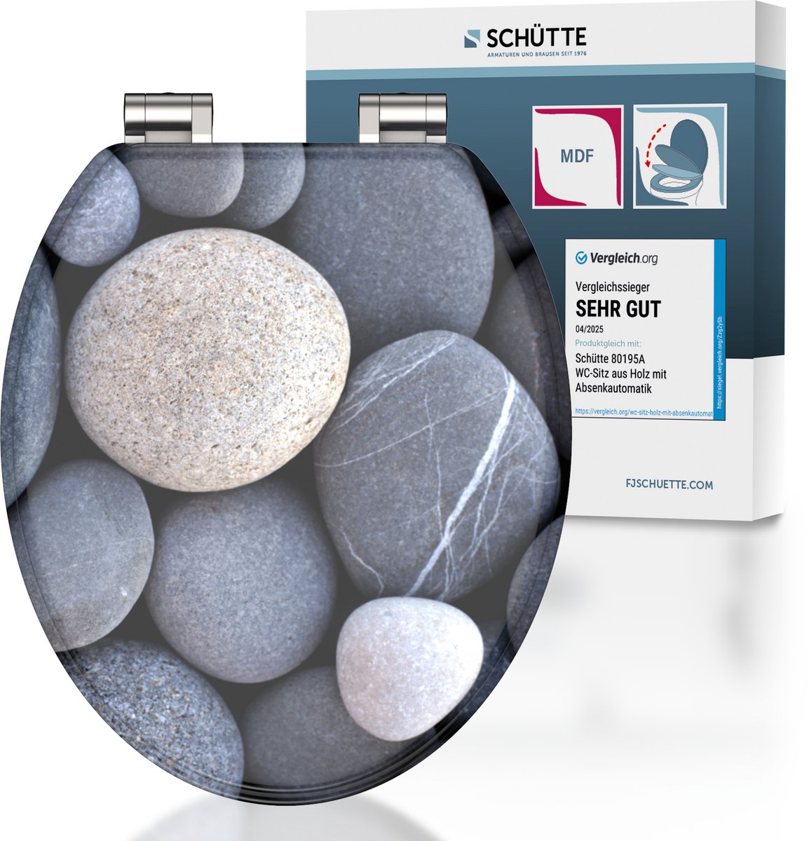 Schütte toiletsæde 80130 grå sten - MDF træ - soft close - krom hængsler - bæreevne op til 175 kg - indretning - 3-sidet print