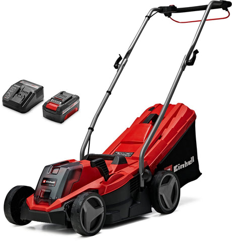 Einhell batteri plæneklipper ge-cm 18 33 li kit - power x-change - 18 v li-ion - klippebredde: 33 cm - anbefalet græsareal: op til 200 m² - 30 l opsamlingspose - klippehøjde: 25-65 mm - inkl. 4,0 ah batteri og oplader