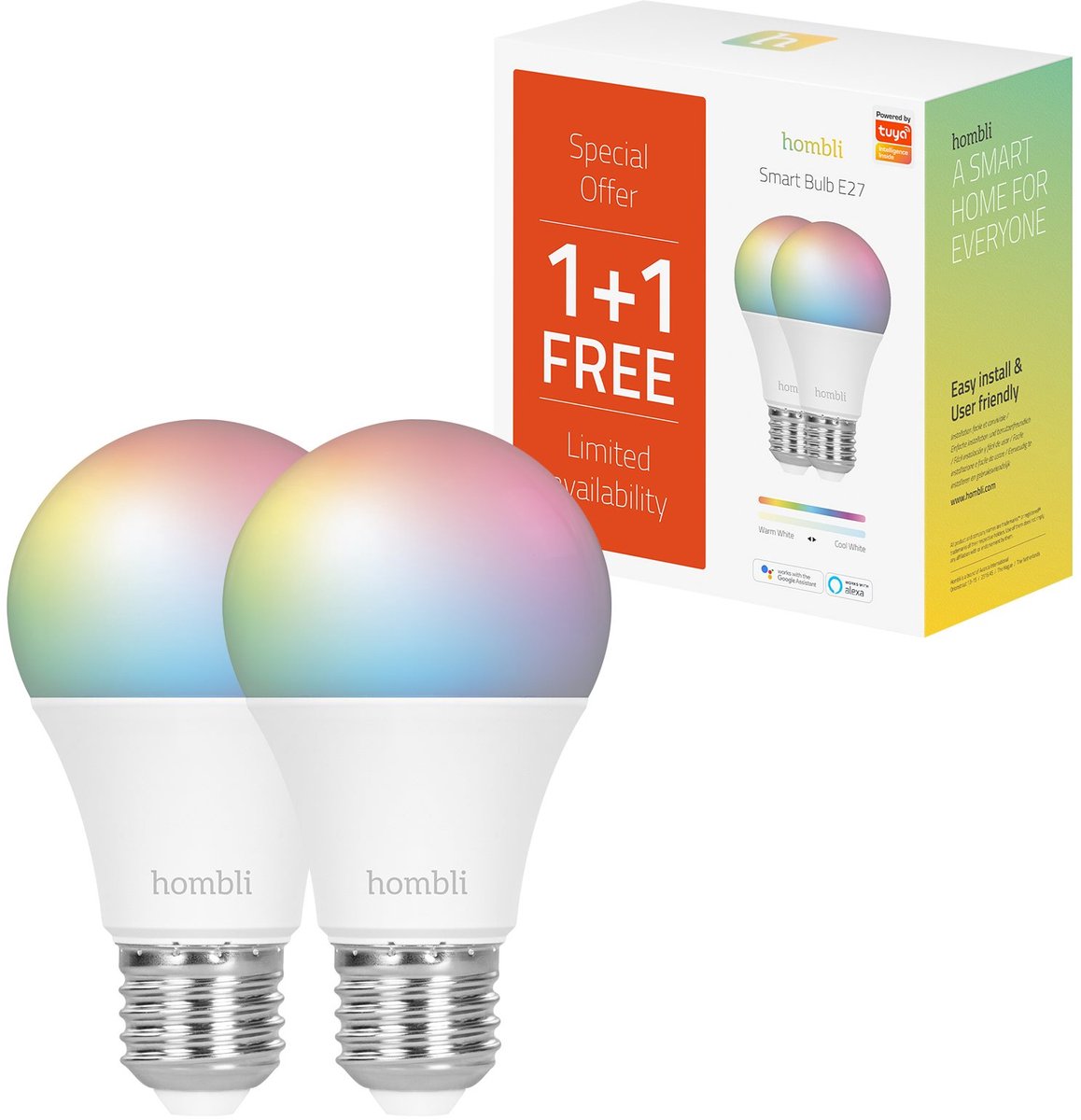 Hombli slimme verlichting - wifi lamp e27 color - geen bridge nodig - 16 miljoen kleuren en alle wittinten - smart led - dimbaar en tunable - promopack 1+1