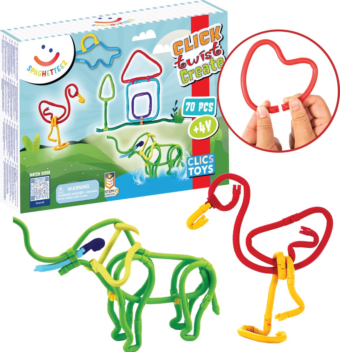 Spaghetteez 70-delt sæt - fleksible byggestænger - legetøj 4,5,6,7,8 år drenge og piger - håndværk piger drenge - byggelegetøj - montessori legetøj - pædagogisk legetøj