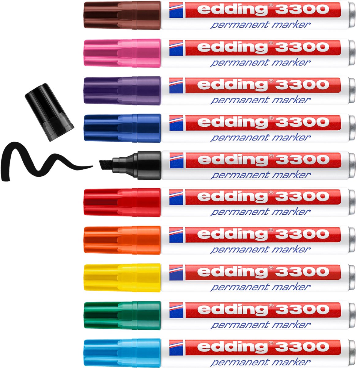 Edding 3300 permanent tusch - 10 farver - 10 tuscher - mejselspids 1-5 mm - vand- og slidbestandig - til pap, plast, træ, metal osv. - alkoholtuscher til voksne