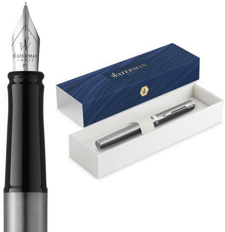 Waterman impression fyldepen | medium fyldepennespids med blå blæk refill | rustfrit stål med palladiumbelagt finish | gaveæske
