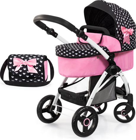 Bayer design dukkevogn city max med taske, højdejusterbar, drejelige hjul foran, kan ombygges til en buggy, integreret kurv i sort og hvid
