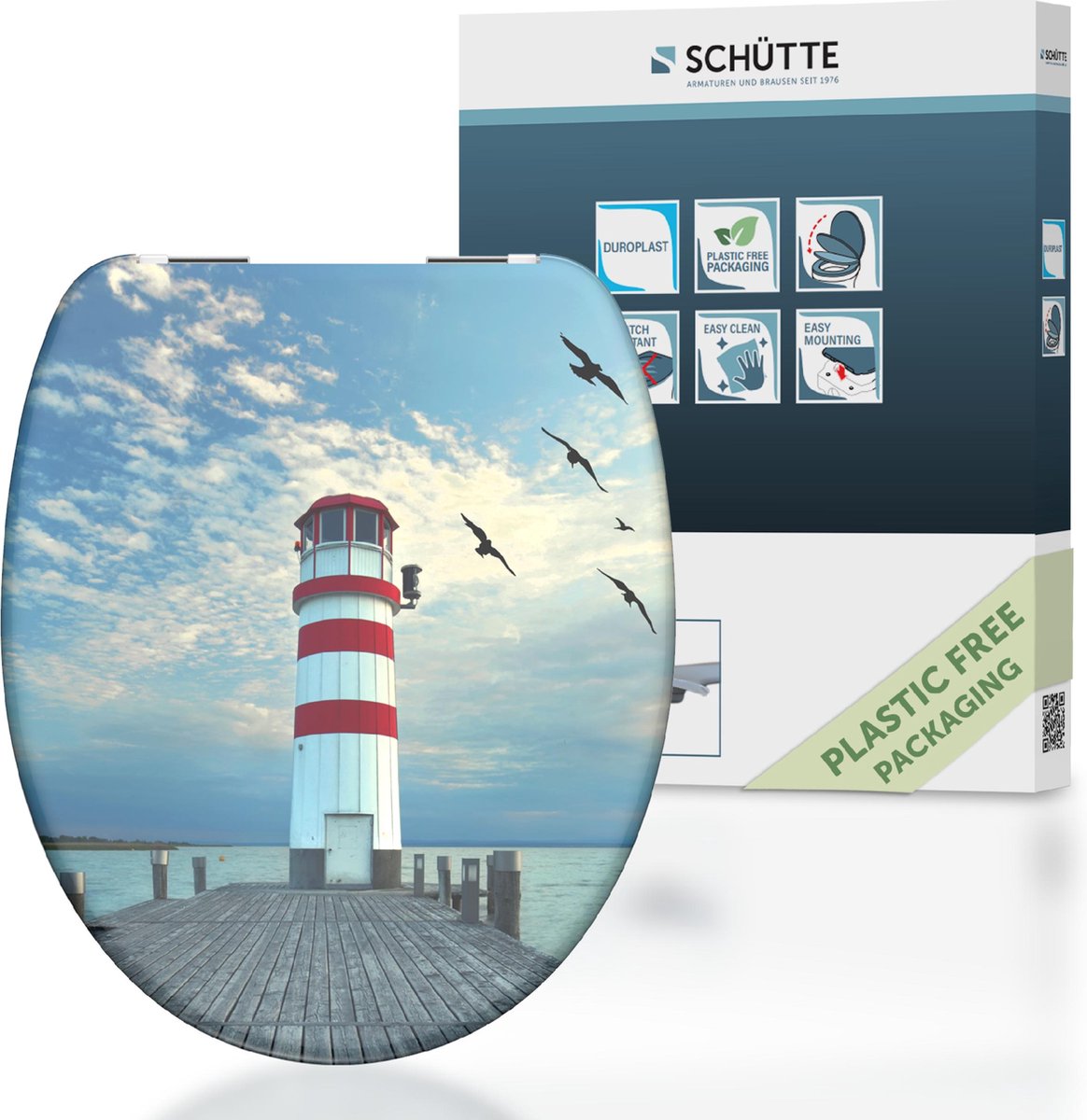 Schütte toiletsæde 82149 fyrtårn - duroplast - soft close - krom hængsler - indretning - 1-sidet print