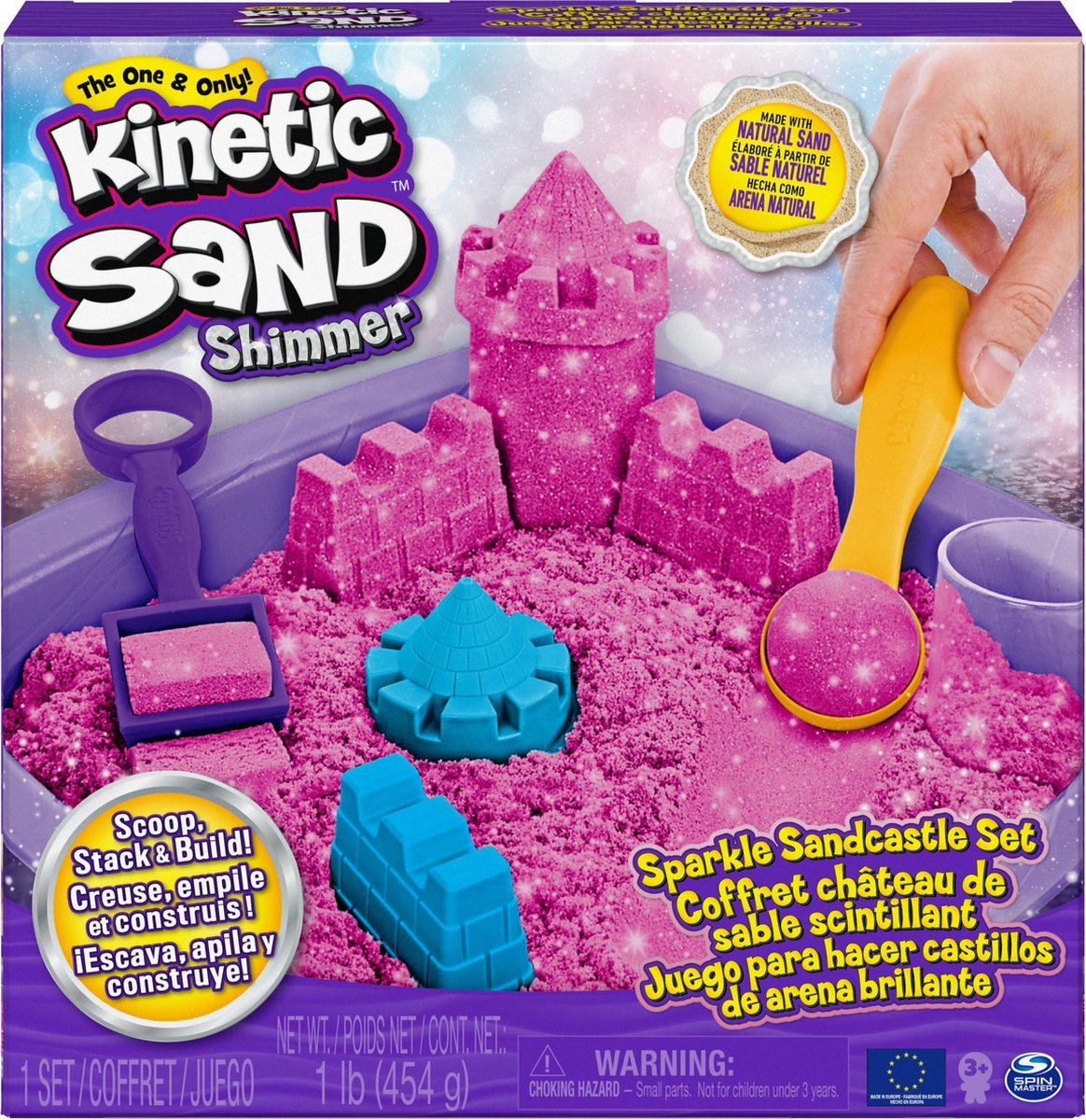Kinetisk sandglimmer - sandslotsæt med 453 g pink glitrende originale 3 forme og 2 værktøjer - sanselegetøj