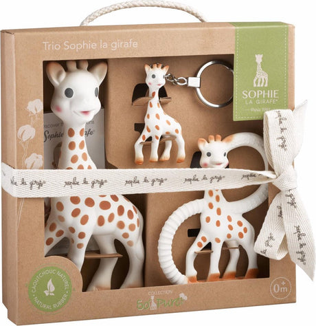 Sophie the giraffe so'pure trio - gavesæt - børnelegetøj - babylegetøj - 100 % naturgummi - 3-delt - barselsgave - baby shower gave - i genbrugsgaveæske med sløjfe i økologisk bomuld