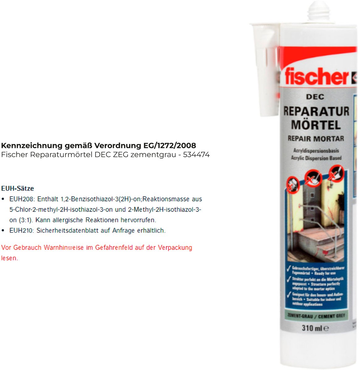 Fischer reparationsmørtel Dec siger cementgrå - 534474