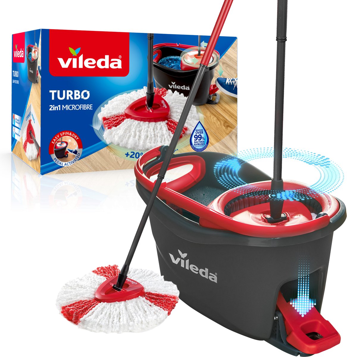 Vileda turbo 2i1 – komplet sæt med spinmoppe og spand med pedaltryk - mikrofibermoppe 2i1