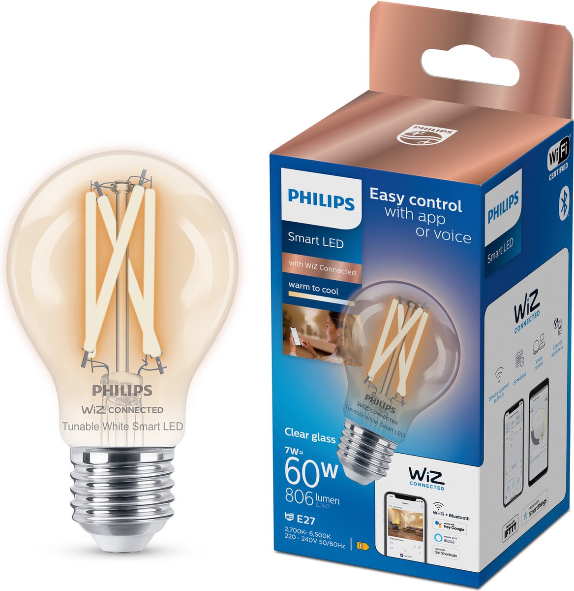 Philips smart lighting - lamp filament - slimme led-verlichting - warm- tot koelwit licht - e27 - 60w - transparant - wi-fi