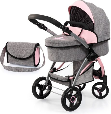 Bayer design city max dukkevogn med taske, højdejusterbar, drejelige forhjul, kan ombygges til jogger, integreret kurv, jeans grå, pink