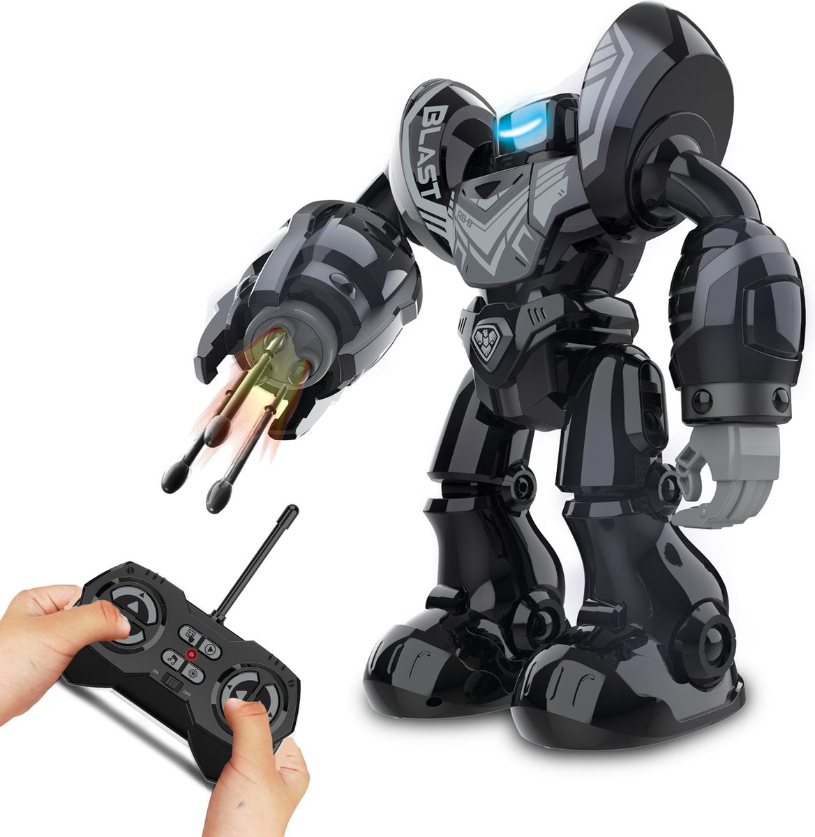 Sølvbelyst robot robo blast sort - kontrollerbar legetøjsrobot med skydenæve - 34 cm høj