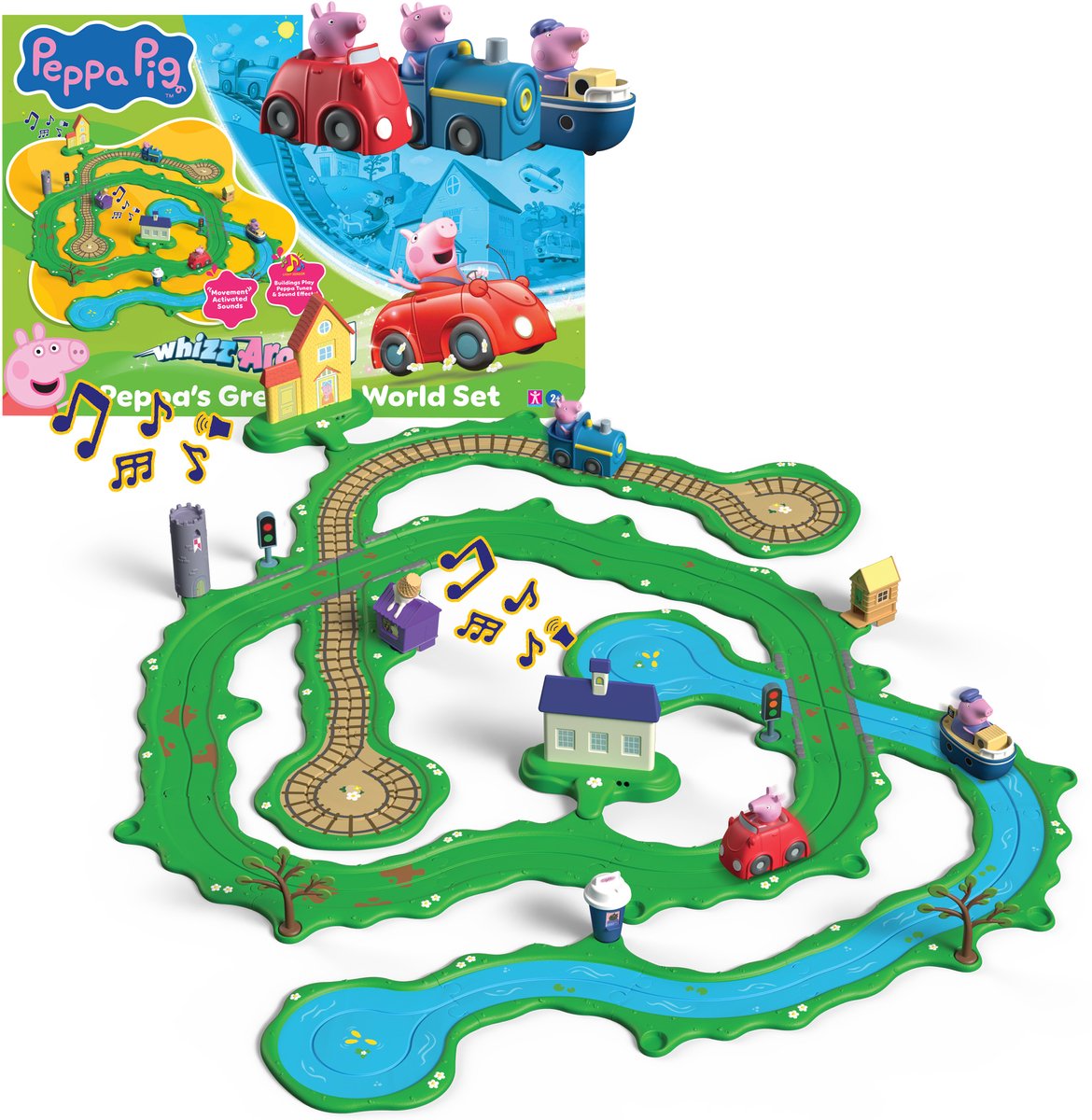 Gear2play peppa pig suser rundt - peppas store vide verden legesæt - modulopbygget bane til sus rundt i køretøjer - interaktiv med musik og lyd