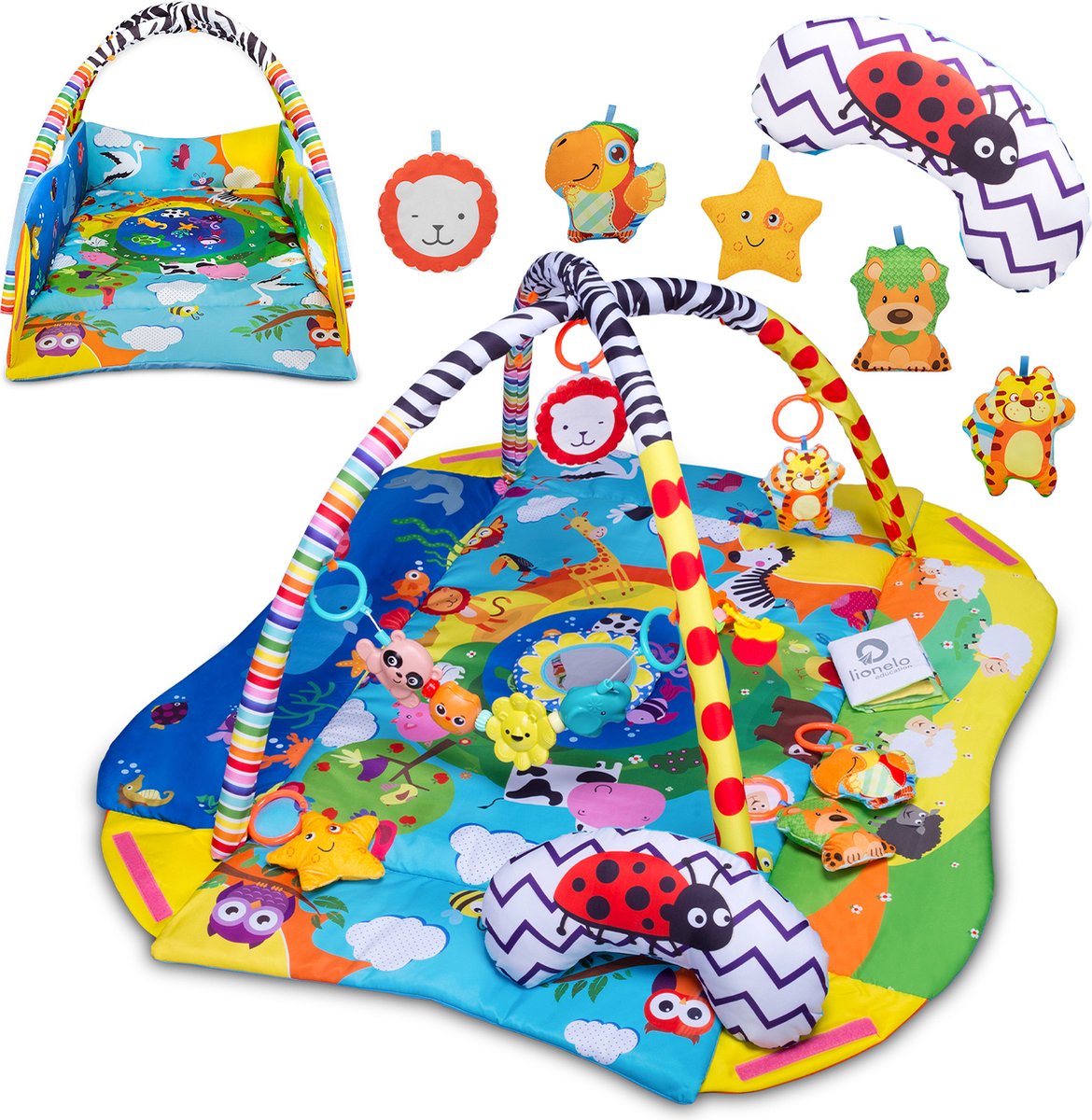 Lionelo anika plus 2-i-1 baby-gym legemåtte – med hævede kanter (kravlegårdsfunktion) – inklusive mavepude, interaktivt hæfte 5 legetøj – 115x110 cm