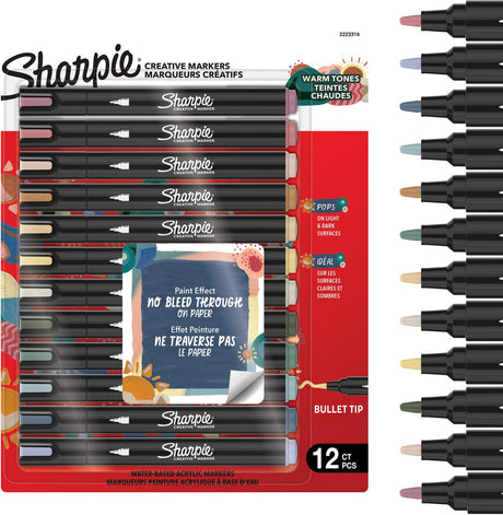 Sharpie kreativ markør akrylmaling penne | vandbaserede malingsmarkører | ikke-kontinuerlig blæk skriver på de fleste overflader | punkttegn | håndværk og kunstartikler | varme toner | 12 stk