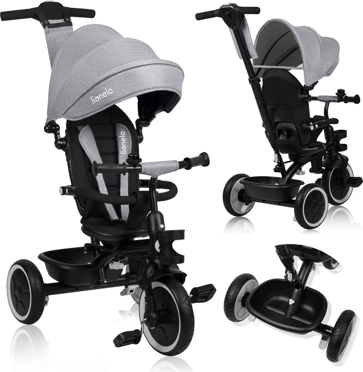 Lionelo berry trehjulet cykel 2i1 - op til 25 kg - 360° roterende sæde - klapvognscykel i ét - PU hjul - frihjul - justerbar skubbestang - sol- og regnhætte - vokser med barnet - kan samles uden værktøj
