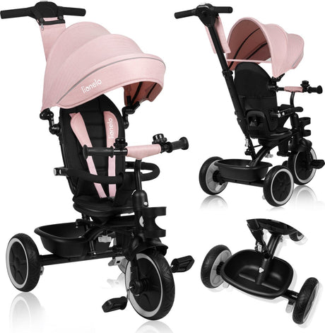 Lionelo berry trehjulet cykel 2i1 - op til 25 kg - 360° roterende sæde - klapvognscykel i ét - PU hjul - frihjul - justerbar skubbestang - sol- og regnhætte - vokser med barnet - kan samles uden værktøj
