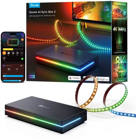 Govee AI Sync Box 2 75–85 tommer - HDMI Sync Box med LED-belysning - RGBICW - App Control - Alexa Google - Matter-kompatibel