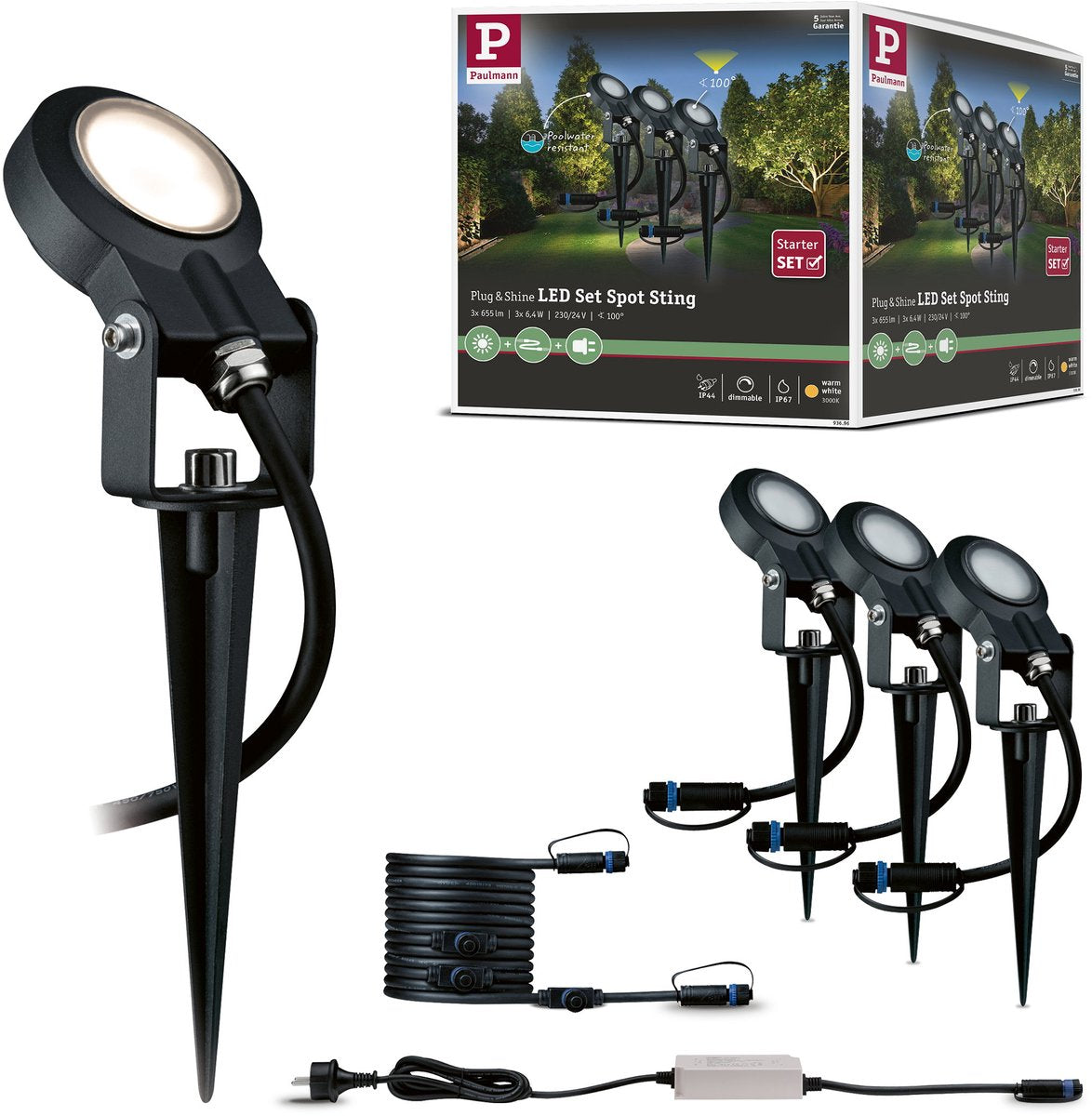 Paulmann plug shine LED havespots Sting grundsæt IP67 3000K 3x6,4W 75VA antracit