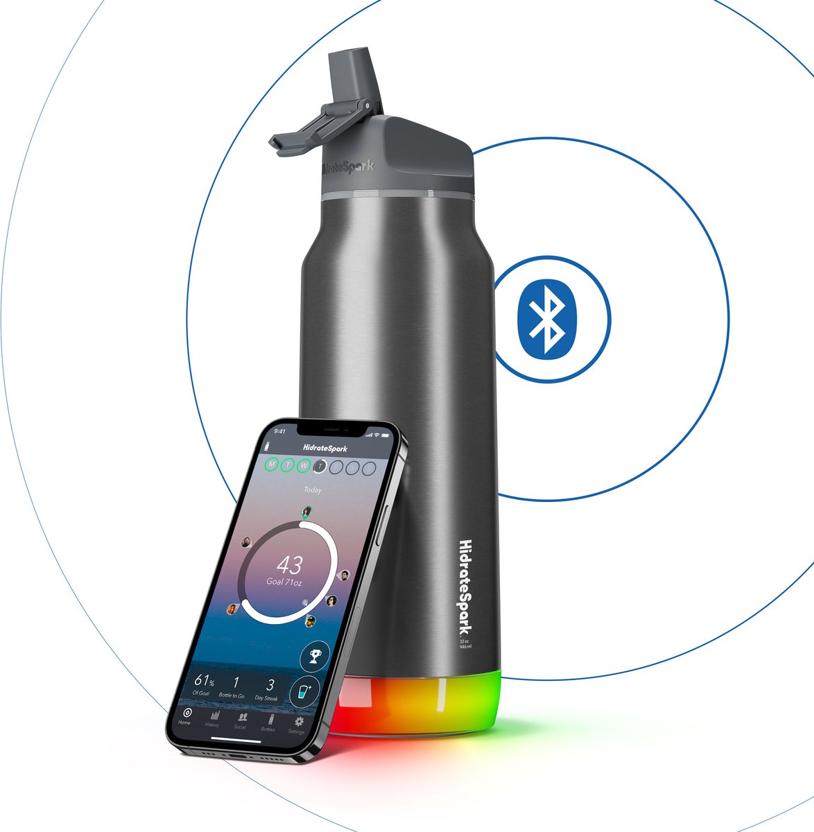 Hidrate spark straw smart vandflaske - rustfrit stål - 946ml - LED-belysning - sølvfarvet