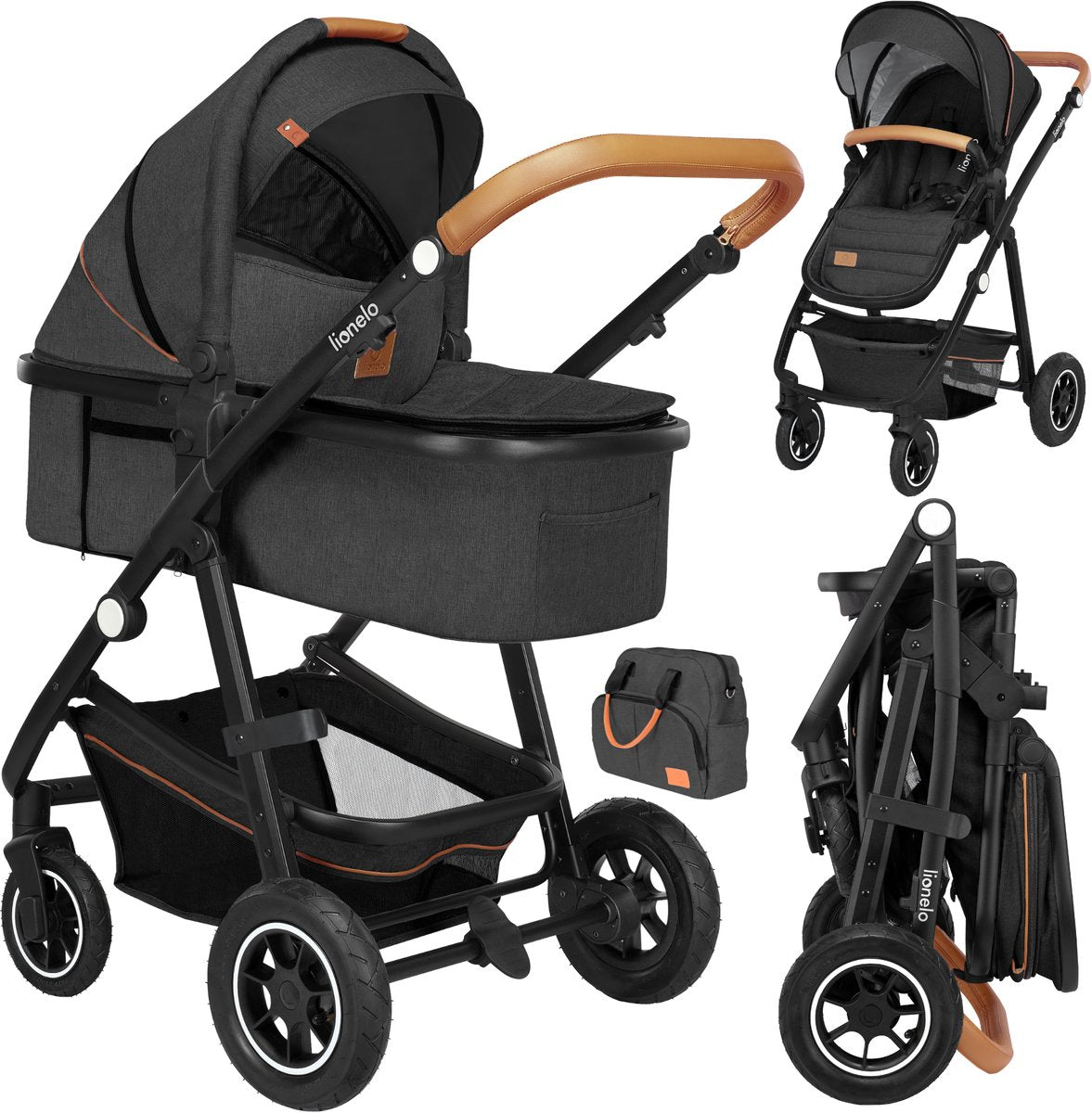 Lionelo rav 2 i 1 - klapvogn - rejseseng + buggy - fra fødslen til 22 kg (0-4 år) - pneumatiske dæk - fuld affjedring - komfortabel madras - hurtigt foldbar - pusletaske - myggenet - regnslag - pusleunderlag - klapvogn - babysmåbarn