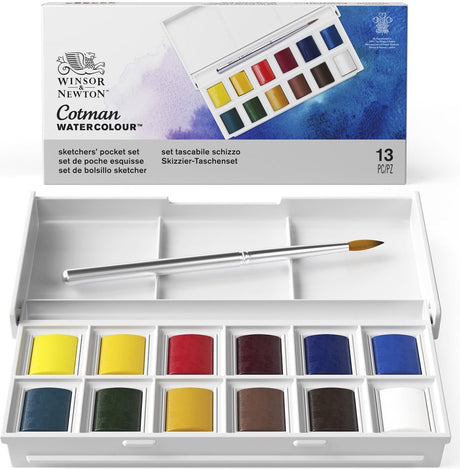 Winsor Newton 0390640 Cotman akvarelfarvesæt – Sketchers' lommesæt – 12 farver akvarel – Kompakt akvarelsæt med rejsepensel