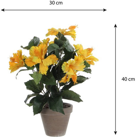 Mica decorations hibiscus kunstplant in bloempot stan - h40 x ø30 cm - geel