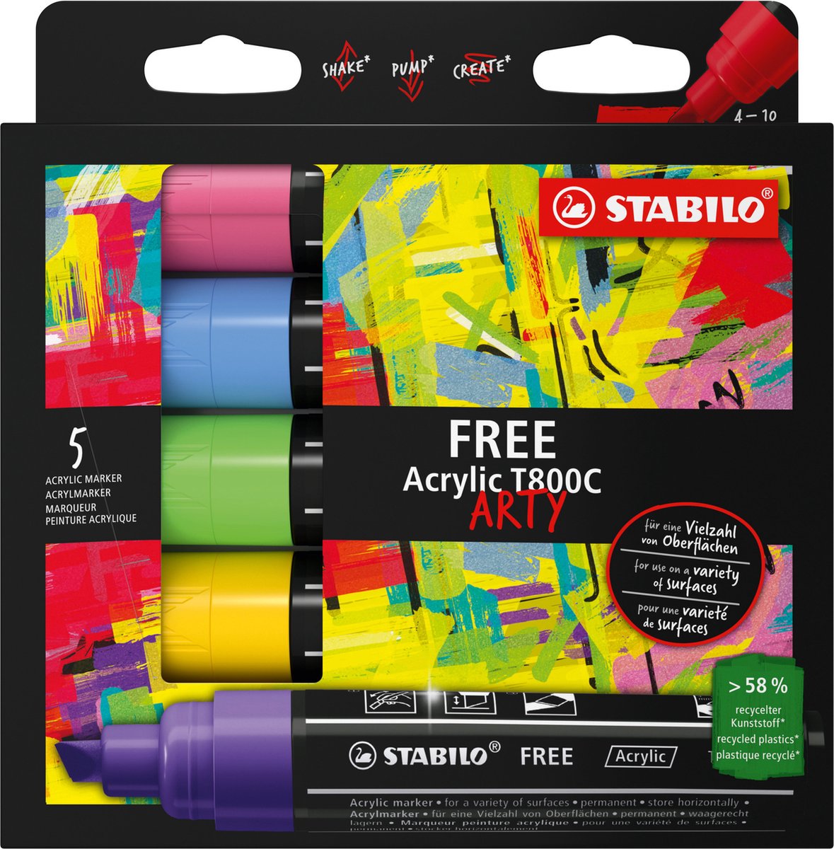 Stabilo free akryl - akryl markør - t800c seaside sæt - vinklet spids 4-10 mm - etui med 5 farver