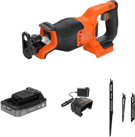 Black+decker 18v børsteløs frem- og tilbagegående sav med 3 tilbehør (med 2x 2,5ah batteri og oplader) - blcr78e1-qw