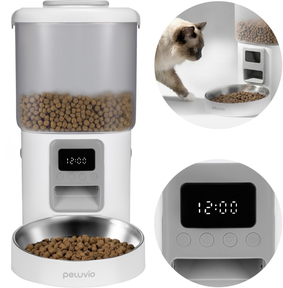 Peluvio sprød automatisk kattefoderskål - automatisk maddispenser til katte - 4,5 l tørfoder - timer op til 4 måltider - LCD-skærm - madskål i rustfrit stål - batteribackup - uden app