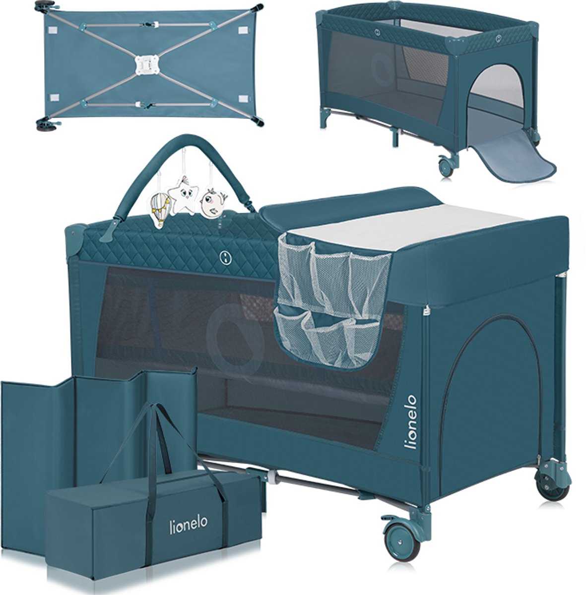Lionelo blomstercampingseng - 2i1 - vokse-med-seng - co-sleeper - låsebeskytter - bæretaske - rejsesengeboks - praktisk sideindgang med lynlås - højkvalitets skummadras - hurtigt foldesystem - multifunktionel boks og rejseseng