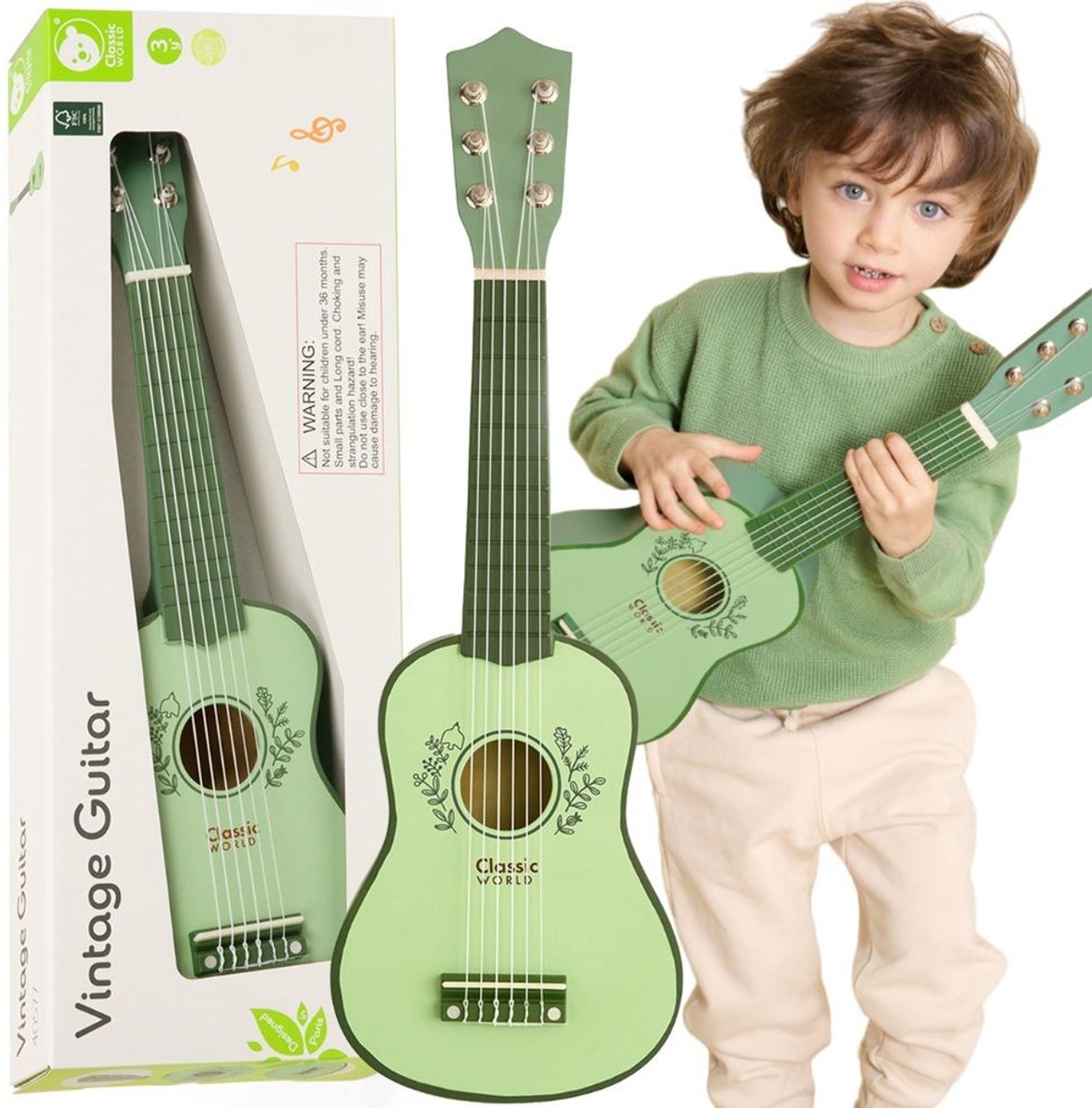 Lobbes toys bv klassisk verden træguitar til børn vintage musikinstrument 3+ - uni