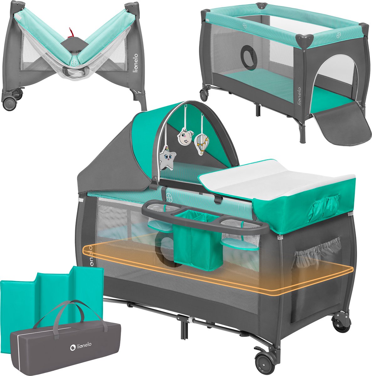 Lionelo sven plus 2-i-1 vokse-med campingseng - 127x60 cm - rejseseng med sovesofa - op til 15 kg - inklusiv puslebord, organiser, myggenet interaktivt legetøj - låsebeskyttersystem - 2 højdejusterbar - hurtigt sammenfoldelig bæretaske