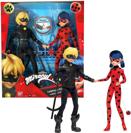 Bandai mirakuløse mariehøne - mirakuløse legetøjssæt - pakke med 2 mirakuløse dukker - mirakuløse mannequinfigur 26 cm - mariehøne sort kat barnefigur - børnelegetøj 4+ år - p50365