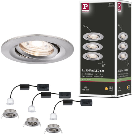 Paulmann LED forsænket lampe nova mini møntfodsæt drejeligt rundt 66 mm 15° mønt 3x4w 3x310lm 230v 2700k børstet stål