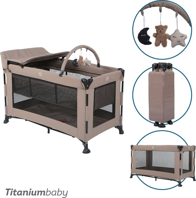 Titanium baby titaniumbaby campingbed solid emma lush taupe inclusief verschoontafel|speelboog|klamboe bodemverhoger
